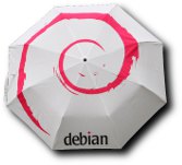 Un parapluie blanc avec une spirale Debian rouge dessus