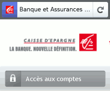 Firefox Mobile Web browser, with  Banque et Assurances  in its address bar