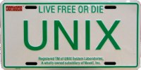 Licence plate with “UNIX” written, subtitle “live free or die”