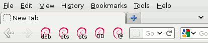 An Iceweasel toolbar with five Debian-related buttons
