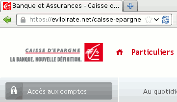 Iceweasel Web browser, with “evilpirate.net/caisse-epargne” in its address bar