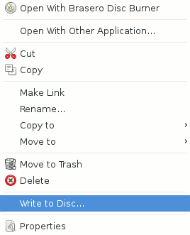Nautilus file manager context menu, with a “burn” option